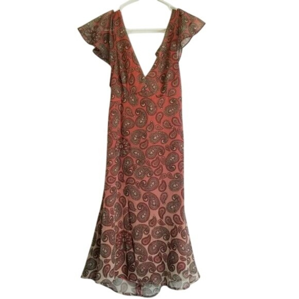 Rockford RFD Boho Paisley Print Flutter Sleeve Maxi Dress Open Back Tie Detail M